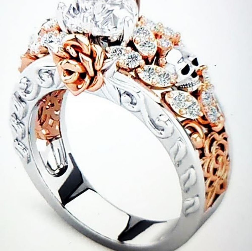 Rock Skull Ring Gothic Rose Heart Zircon